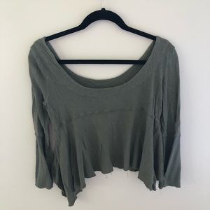 Free People army green cropped bell sleeve top